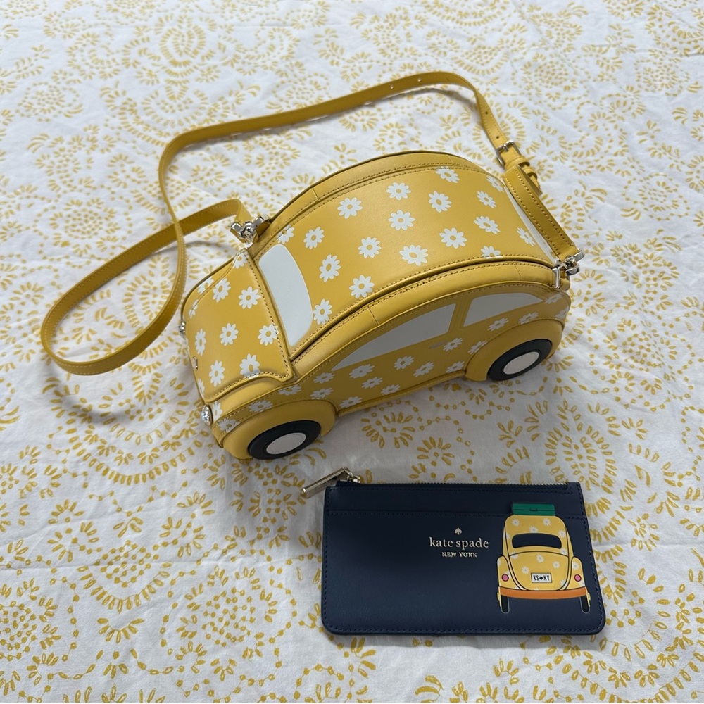 KATE SPADE smooth leather yellow daisy beep beep car crossbody bag + wallet NWOT